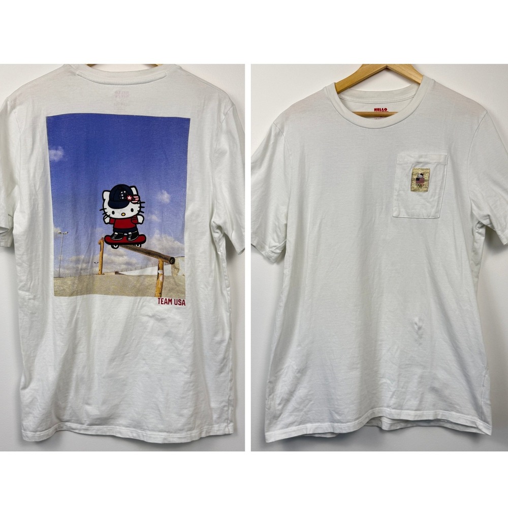 Hello Kitty Team USA T Shirt‎ Large White Skateboarding Olympics Pocket Tee